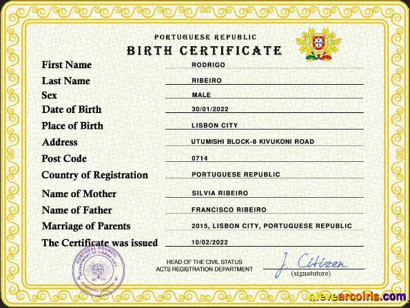 Portugal vital record birth certificate